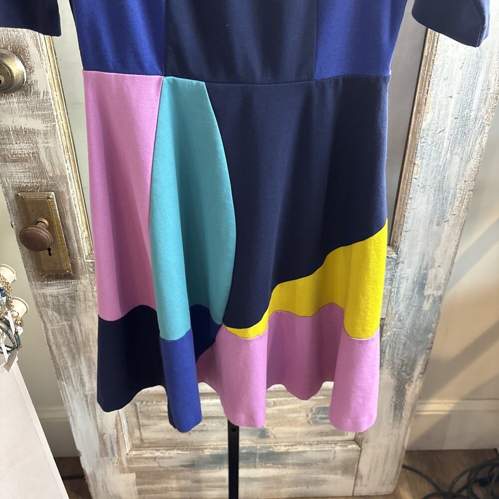 Boden Alice Ponte color block Midi Dress Fit And Flare Sz 8R Blue Pink Yellow - Picture 9 of 15